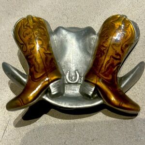 Vintage Cowboy Boots and Hat Belt Buckle.